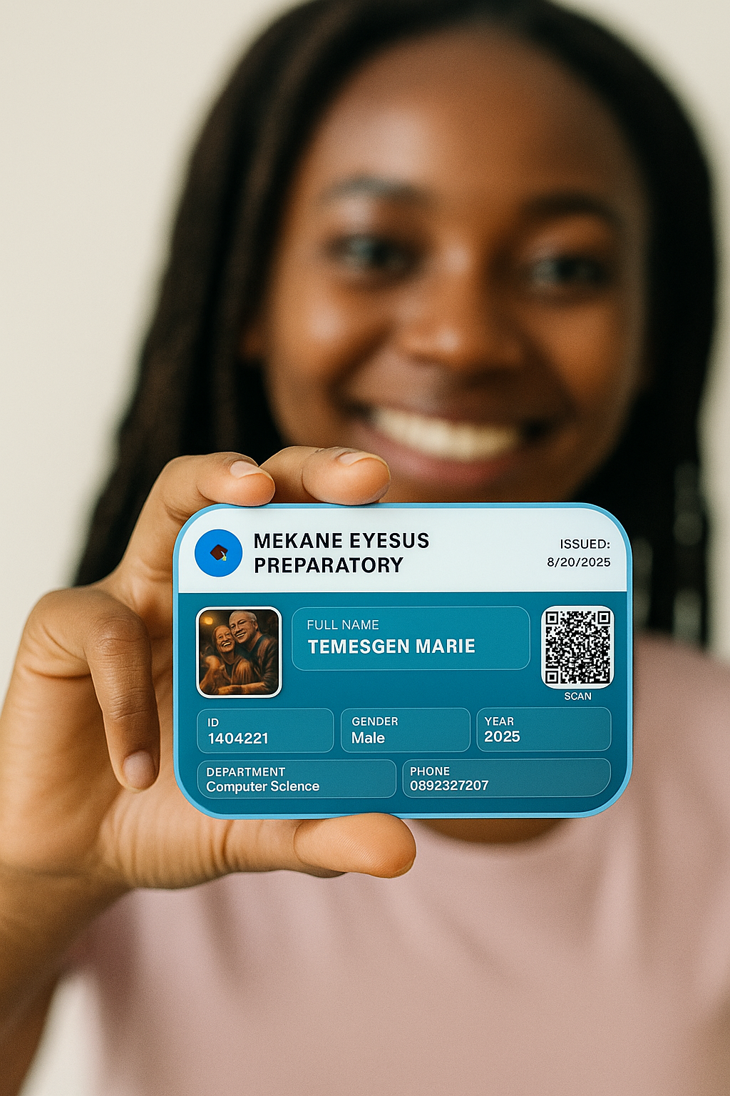 Student holding professional ID card